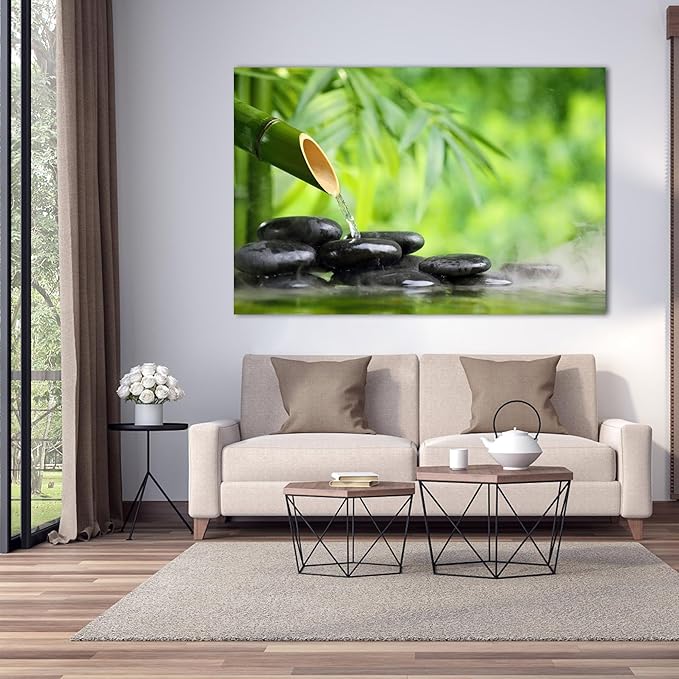 Zen Wall Art Decor, Modern Bathroom Zen Decor Wall Art, Canvas Wall Art for Spa Zen Room Decor, Green Bamboo Forest and Black Pebble Relaxing Art Prints for Office & Spa Wall Decor 32x48 Inches