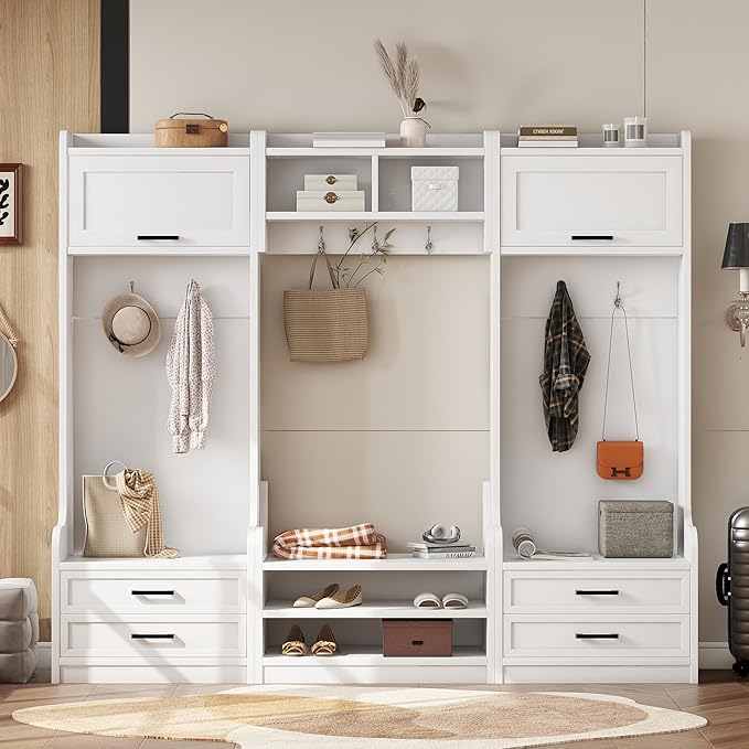 Bellemave Wide Hall Tree with Storage Bench, Wood Coat Rack with 4 Drawers and 7 Hooks, Detachable Mudroom Organizer with Shoes Storage Shelves for Entryway Hallway, White