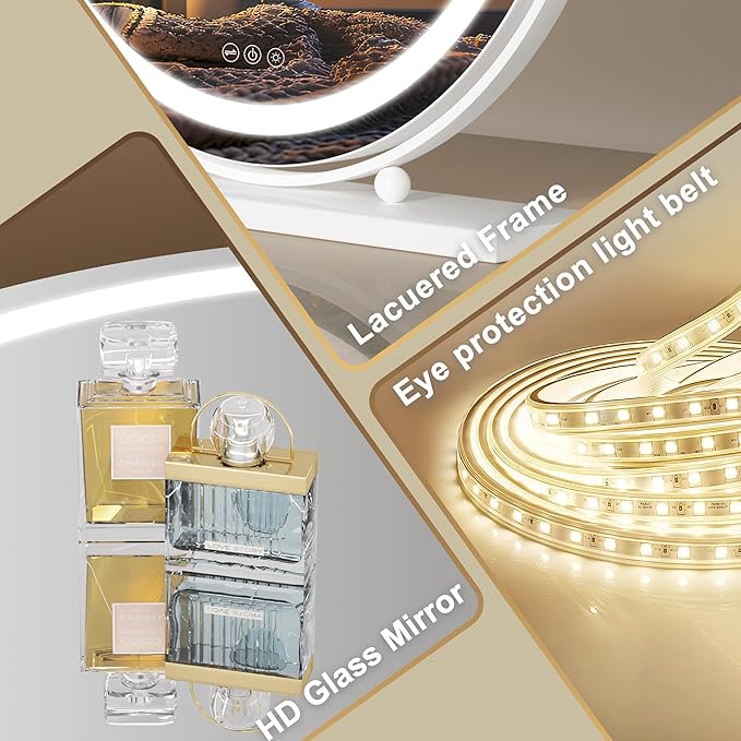 Hasipu Vanity Mirror with Lights, 27.6" LED Big Makeup Mirror, Lighted Makeup Mirror with Lights, Smart Touch Control 3 Colors Dimmable Round Mirror 360°Rotation White