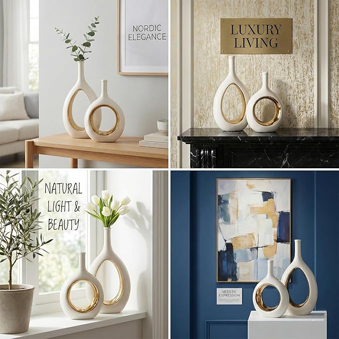 White and Gold Vase Ceramic White Vases Home Decor,Modern Minimalist Circle with Hole Decorative Vase, Hollow Ellipse Flower vases for Bookshelf, Fireplace Mantle, Centerpieces,Farmhouse,Rustic Décor