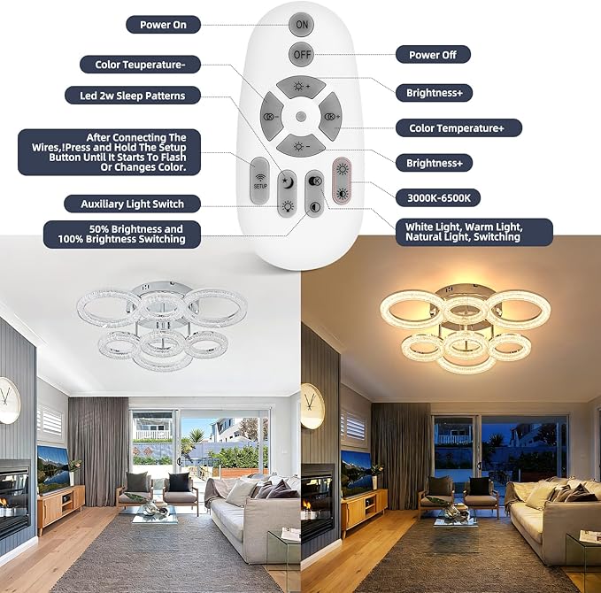 OKELI Modern Ceiling Light, 7 Rings 23'' Dimmable LED 106W Flush Mount Ceiling Lights with Remote Acrylic Crystal Round Ceiling Light Fixture, Bedroom Living Room Dining Room, Chrome
