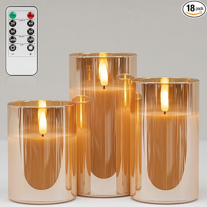 ANGELLOONG Gold Candles for Bathroom Decor, Glass Flameless Candles with Remote, Battery Operated LED Pillar Fake Candles with Timer for Christmas Home Fireplace Mantle Fall Decor