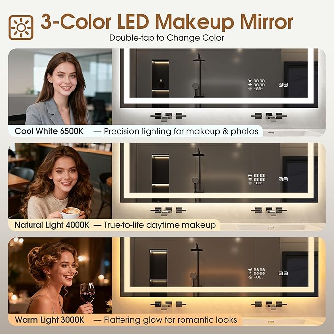 STARLEAD 40"x28" LED Bathroom Mirror with Built-in Clock, Dimmable Lighting, 3 Color Temperature, Anti-Fog, Touch Control Wall Mounted Vanity Mirror