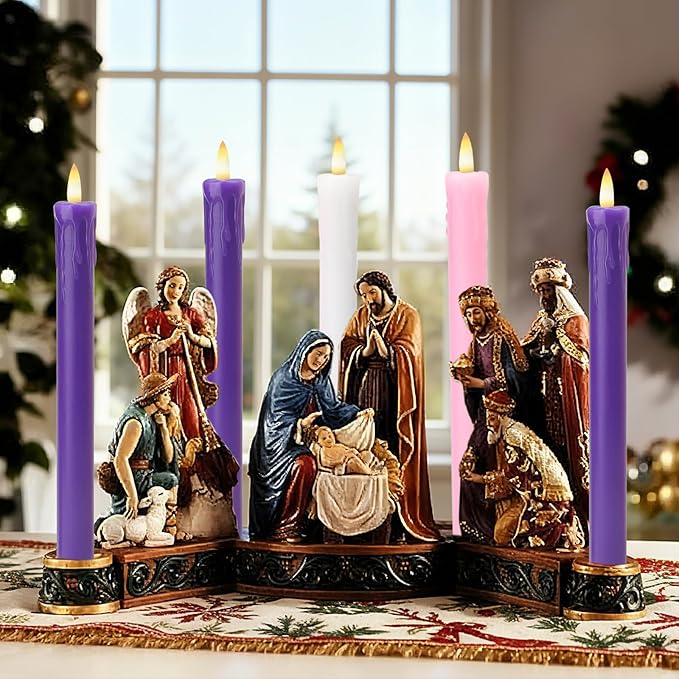 Lezonic Flameless Advent Candles Battery Operated with Remote, Set of 5 Wax Christmas Taper Nativity Candles, LED Advent Wreath Candles for Church Home Christian Decor, 3 Purple & 1 Pink & 1 White