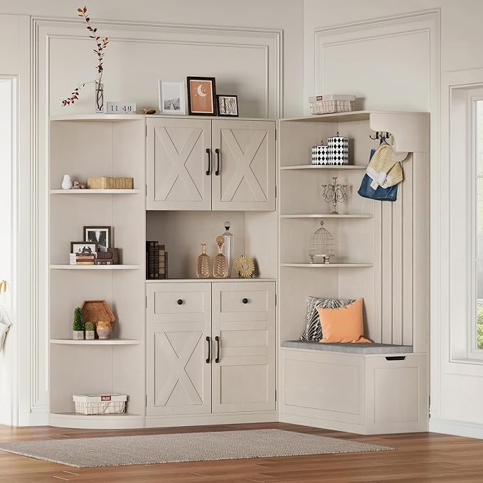 Multifunctional Hall Tree with 4 Hooks, Wood Hall Tree with Open Shelving and Flip Hidden Shelf, Left-Right Combination Coat Rack (can be Used Separately), Entryway Bench (Beige/45c)