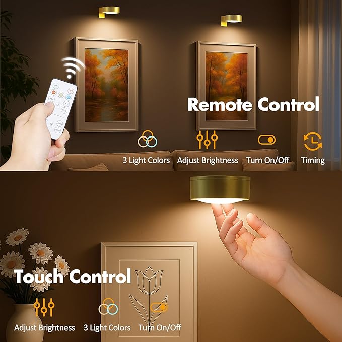 6Pcs Battery Operated Picture Light, Magnetic Led Painting Light with Remote Dimmable and Timer, 3 Lighting Modes Art Display Light for Picture Frame Paintings, Wireless Wall Decor Puck Lights, Gold