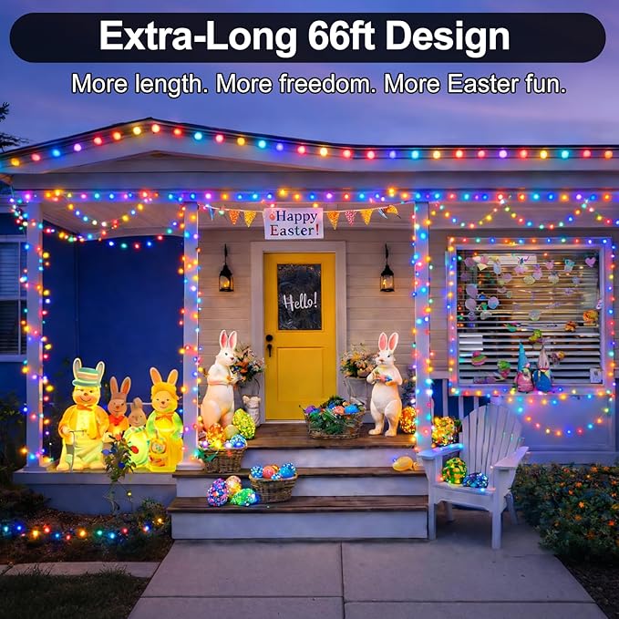 PJT 200 LED Easter String Lights, 66ft Plug in Pastel String Lights with Remote, 8 Modes & Connectable, Easter Tree Decor Lights for Tree Wrapping & Egg Hunt, Indoor Outdoor Garden Fence