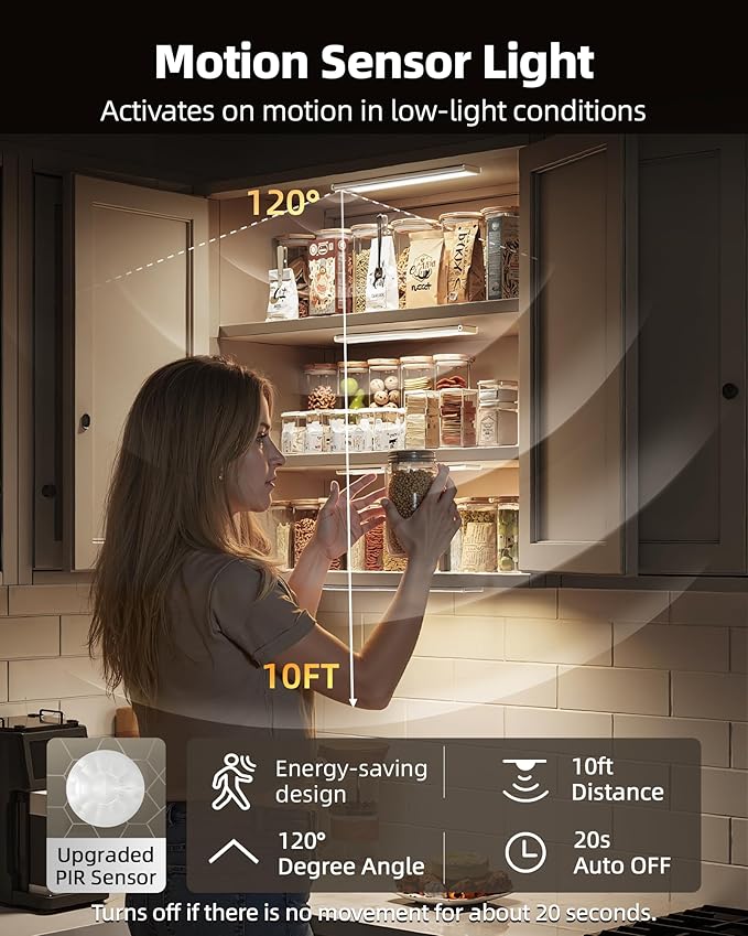 16inch Under Cabinet Lighting, 6Pack Rechargeable Motion Sensor Light Indoor, Magnetic Closet Lights with Dimmable & 3 Color Temps, Wireless Under Counter Lights for Kitchen, Stairs