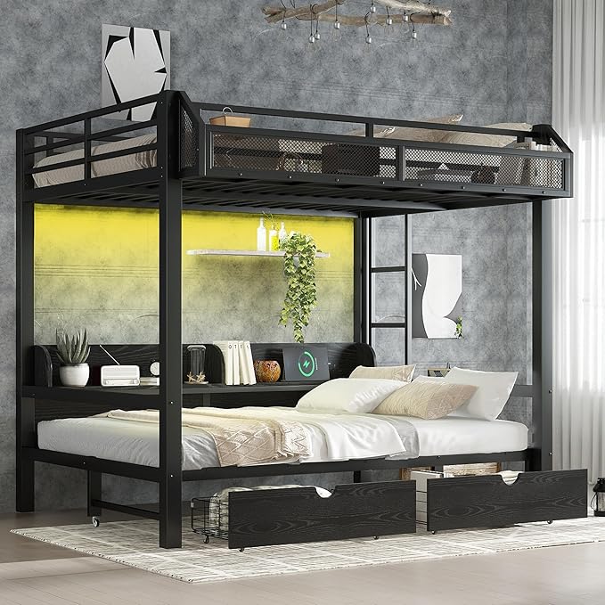 Bellemave Metal Full Over Full Size Bunk Bed Frame with Storage Drawers and Shelves,Heavy Duty Kids Bunk Beds with LED Lights and Charging Station for Teens,Adults,Convertible into a Sofa Bed,Black