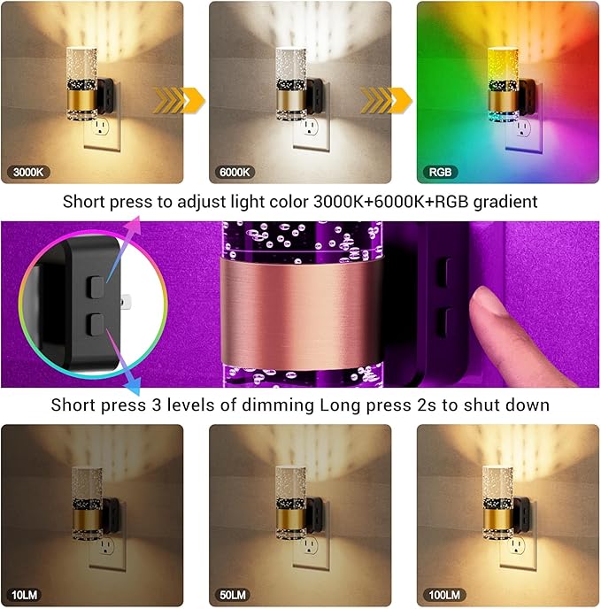 JandCase Night Lights Plug into Wall,1 Pack Color Changing Night Light for Kids with 1 Remote Control, 3000K+RGB LED Nightlight with Light Sensor, 10/50/100LM Adjustable for Rooms Home Decor