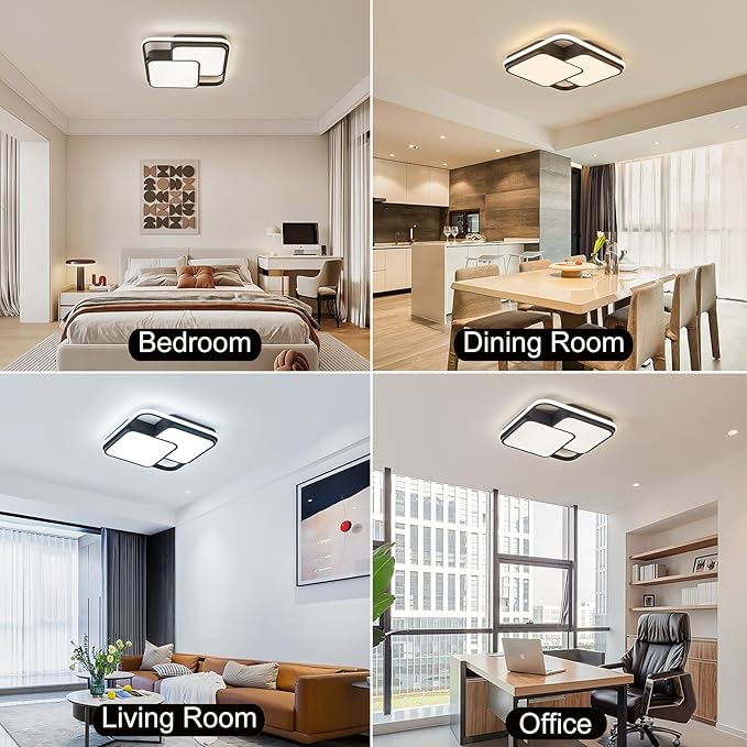 Modern LED Ceiling Light Fixture, 15.7in Dimmable Black Square Flush Mount Ceiling Lights with Remote, Bedroom Ceiling Lamp LED Chandelier for Living Room Kitchen Hallway Laundry, 60W