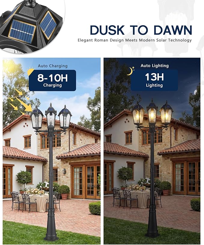 FEMILA 3-Light Solar Outdoor Pole Lights, 85.4" Aluminum Glass Lamp Posts Outdoor Lighting, Dusk to Dawn Solar Street Light with Remote Control for Yard Garden Driveway, 4FYX95PL-3 SL BK