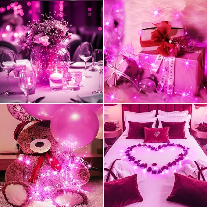 btfarm Valentine's Day 6 Pack Pink Fairy Lights Battery Operated 3 Modes, 7ft 20 Led Twinkle String Lights Waterproof, Bulk Small Mini Light for Mason Jars Christmas Vases Wedding Table Decorations