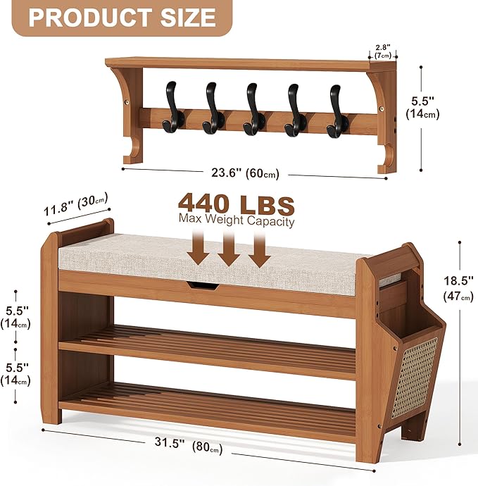 31.5" Bamboo Shoe Rack Bench with Coat Rack, 3-Tier Entryway Bench with Thick Cushion, Flip-Top & Side Baskets, Holds Up to 550 LBS for Hallway, Living Room, Bedroom