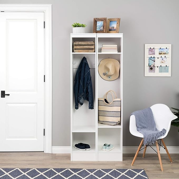 Prepac Narrow Coat Rack Freestanding Hall Tree with 3 Hooks, Entryway Furniture for Coat and Shoe Storage, Entryway Organization with an Adjustable Shelf, 14.75"W x 72.5"H x 15.5"D, White