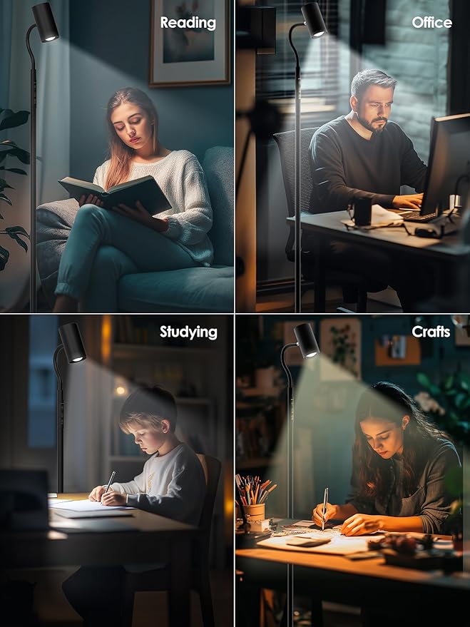 Reading Floor Lamp with Remote, 17W LED Dimmable Standing Lamp, Stepless Brightness & Color Temps, Reading Light & Mood Light, Adjustable Height Gooseneck, Corner Lamp Task lamp for Living Room Office