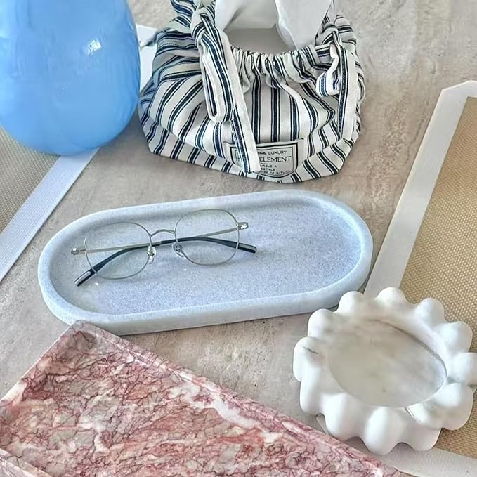 Marble Vanity Tray Organizer - 9.8"x5" Italy Natural Stone Decorative Tray，Jewelry, Perfume & Candle Display Tray，Bathroom Vanity, Dresser Top, Nightstand Decor