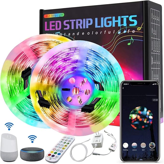 Smart Wi-Fi RGB LED Strip Lights, Music Synced, Color Changing with Remote, App Control for Bedroom Home TV Bar (32.8 FT)