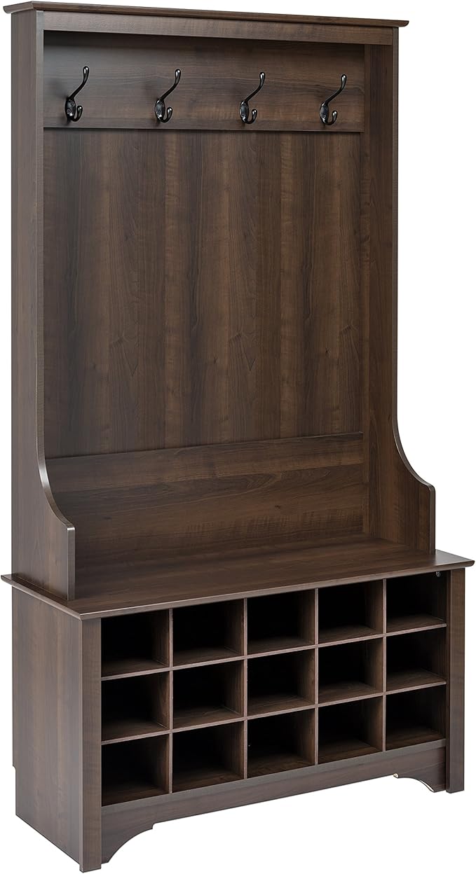 Prepac Entryway Organizer, Coat Rack, Hall Tree with 4 Hooks, Bench, 15 Cubbies for Shoe Storage, 38" W x 68" H x 15.5" D, Espresso