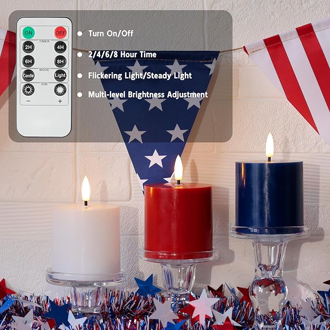 4th of July Candles, Patriotic Flameless Pillar Candles with Remote and Timer, Red White and Blue Battery Operated Set of 3, Real Wax LED Pillar Candles for Independence Day Celebrations