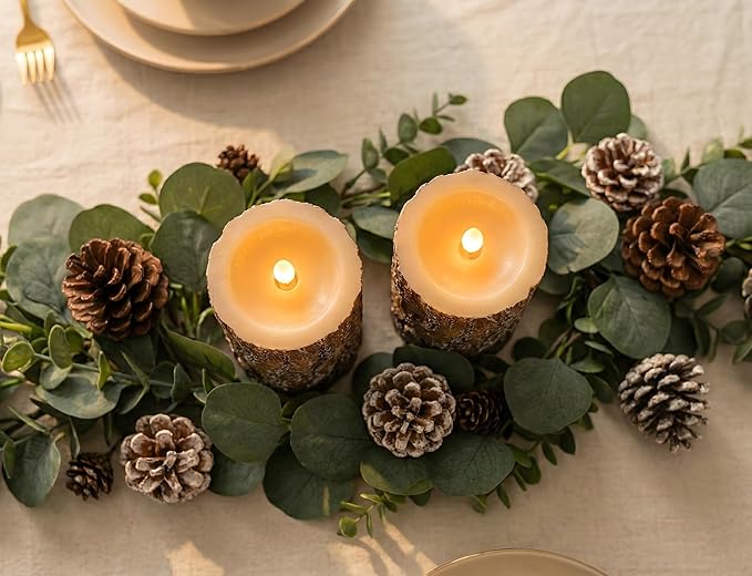 Pine Flameless Pillar Candles Flickering with Remote Timer, Battery Operated LED 3D Moving Flame Real Wax Candles, Set of 2, D3 x H6,Remote Included (Pine)