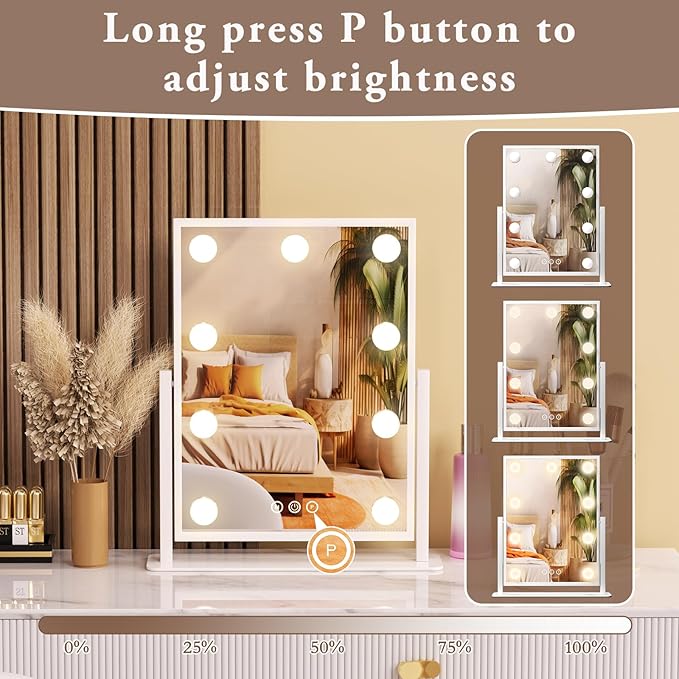 Vanity Mirror with Lights, Lighted Makeup Mirror Hollywood Makeup Mirror with 9 Dimmable Bulbs and 3 Color Lighting Modes, Smart Touch Control, 360°Rotation