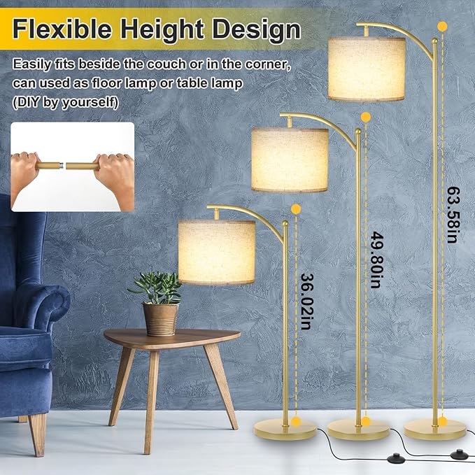 Floor Lamp for Living Room, Dimmable Floor Lamp with Foot-Step Switch Standing Lamp with Linen Shade Reading Lamp for Living Room Bedroom Office Dining Room, 9W Bulb Included (Gold)