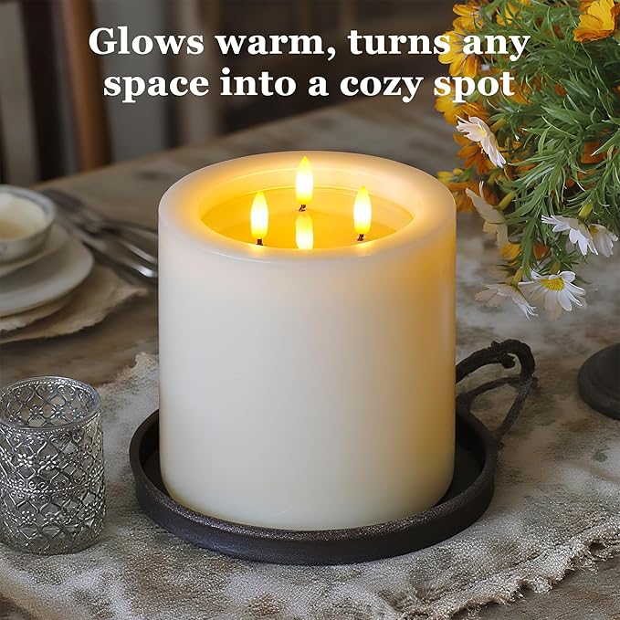 3-Wick 6"x6" Extra Large Real Wax Flameless Pillar Candles with Remote Control and Timer Function, Candle Grease Ivory Battery Operated LED Flickering 3D-Wick (Long Lasting, Warm Fire)