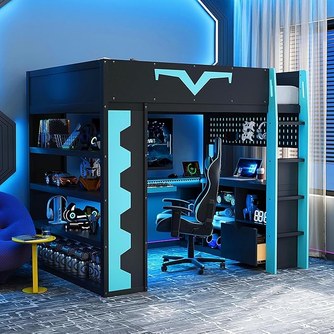 Full Size Gaming Loft Bed with Integrated Desk & RGB LED Lights,Bunk Bed with Power Outlet, Large Bookshelf, Pegboard, Keyboard Tray & Drawer (Blue-Bo, Full)