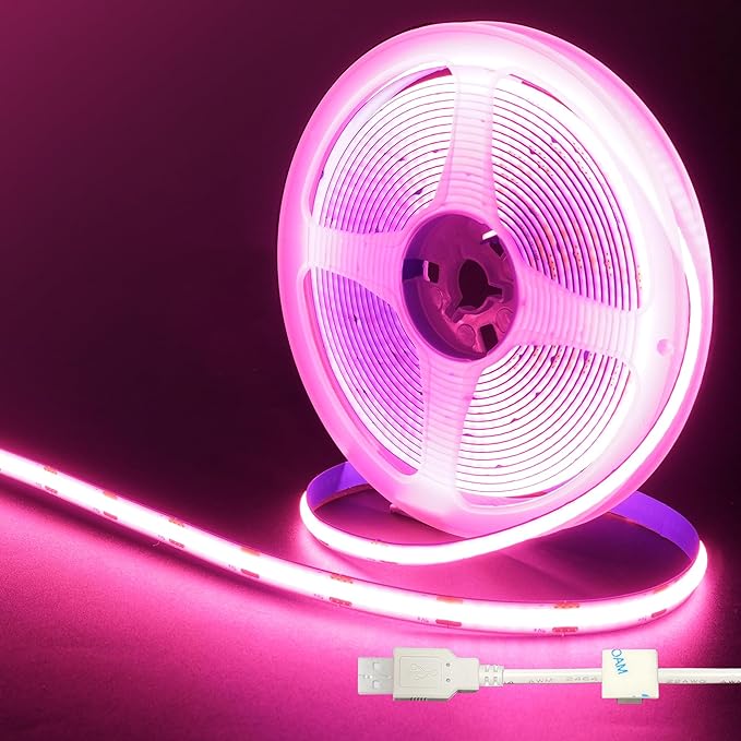 5V USB COB LED Strip Lights,16.4FT/5M,Pink,320LEDs/M,8mm Width,Not Waterproof IP20,1M USB Cable,Flexible LED Tape Light for DIY Home Indoor Decoration