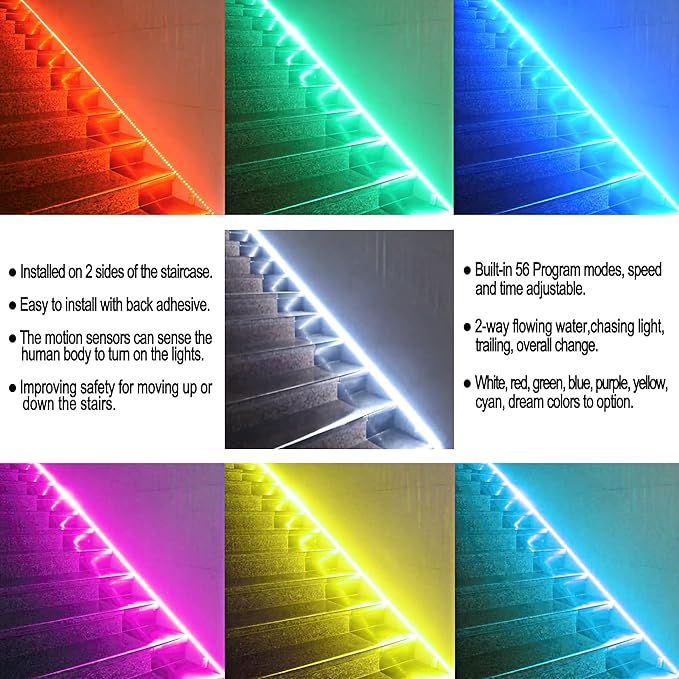 Flowing Water Two-Way Sensor Color Stair Light, Motion Sensor, LED Controller, 12V, 16.4FT Flexible Light Strip, PIR Sensor Stair Light, Indoor, Outdoor(Plus Version)