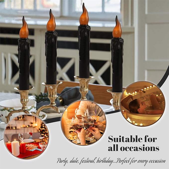Black Candlesticks Flameless Taper Candle, 4pcs Real Wax LED Tapered Candles Remote Dipped Candle 6inches Battery Chandelier for Enchanting Weddings Harry Potter Inspired Vigils,B