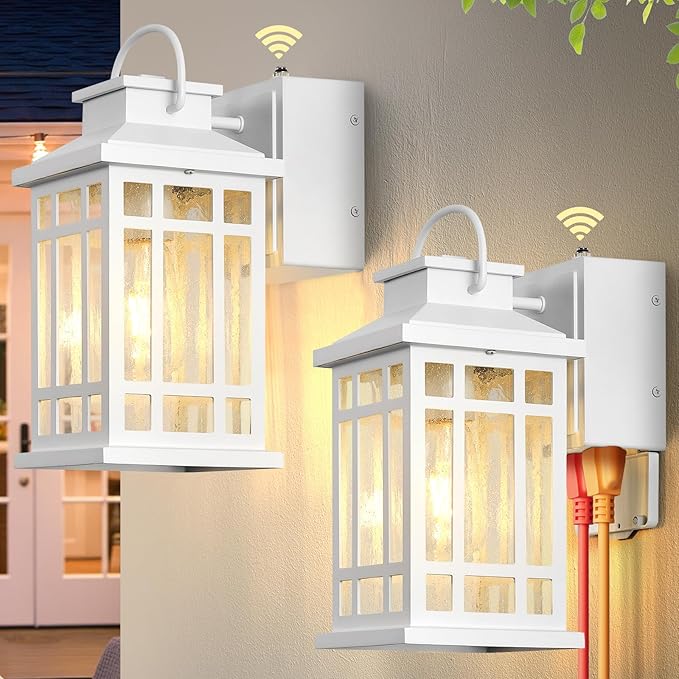 Outdoor Wall Light with GFCI Outlet, White 2-Pack Outside Lanterns for Porch Wall Mount, Dusk to Dawn Outdoor Lighting for House, Garage, Entryway, Doorway, Aluminum Waterproof and Anti-Rust