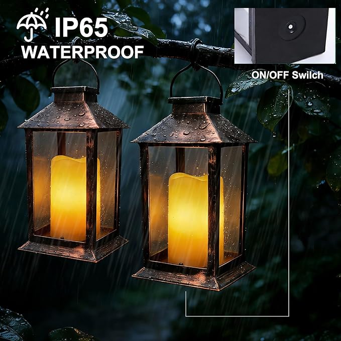 2 Pack 14 Inch Solar Lanterns Outdoor Waterproof with Flickering Flameless Candles, Outdoor Garden Hanging Lantern Decorative for Patio Front Porch Backyard Balcony Cabin Outside Table