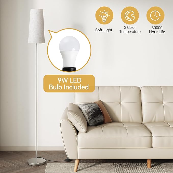 SUNMORY Floor Lamps for Living Room/Bedroom/Office, Standing Lamp with LED Bulb, 3 Color Temperature Tall Lamp, Suitable for Modern/Boho/Farmhouse and Other Home Decor Styles, Nickel Color