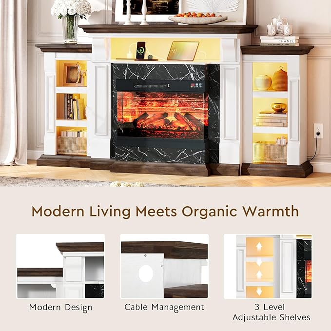 LGHM LED Electric Fireplace TV Stand with Outlet, 72'' Fireplace Mantel for TVs up to 80'', Modern Entertainment Center with 3-Sided Glass Fireplace Heater Insert for Living Room