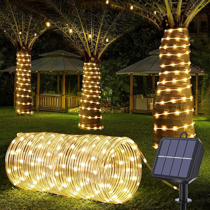 Solar Rope Lights, 66ft 200LED Solar String Lights, 8 Modes Waterproof Solar Powered Outdoor Light, Flexible Clear Tube Light for Garden, Backyard, Patio, Deck, Porch, Pool, Tree Decor - Warm White