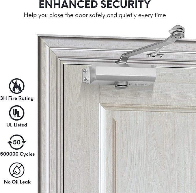 SOPHIA Automatic Door Closer with Hold Open, Door Closer for Home Size 3 DK500, 3H Fire-Rated Hydraulic Door Closers Commercial & Life Size Fitting Template, UL Listed, ANSI Grade 3, Silver