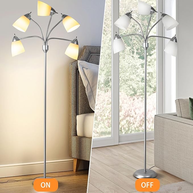DINGLILIGHTING Floor Lamp Tall for Room: Flexible Gooseneck Floor Lamps Standing for Bedroom Home Office - Modern Floor Lights Silver 5-Light
