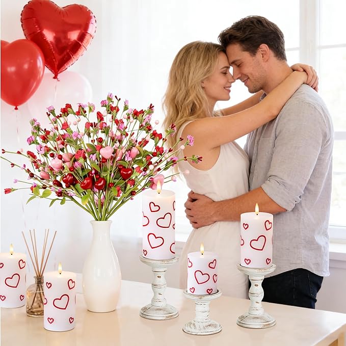 Valentines Day Heart Candles, Real Wax Flameless Pillar Candles with Remote, Real Wax Flickering LED Pillar Candles Valentine's Day Candles Gifts for Her Him Wife Mom Home Party Decor, 3 Pack