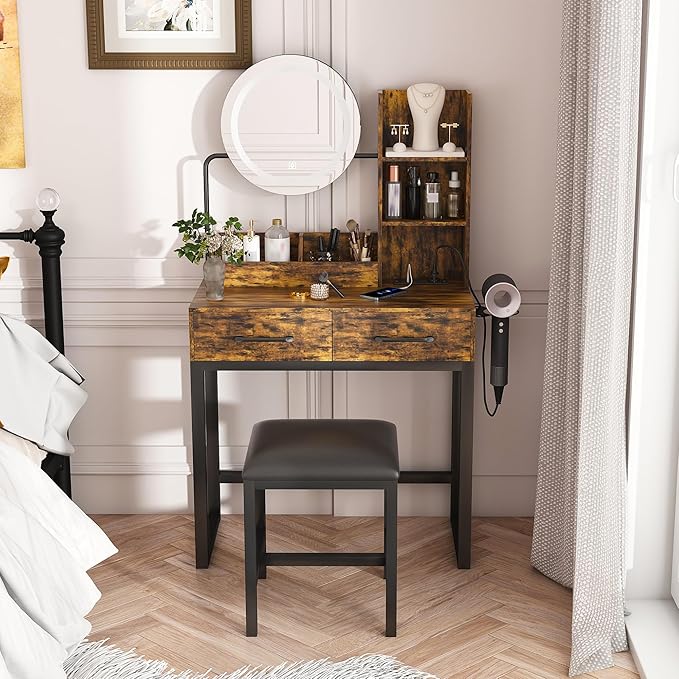 Vanity Desk with Mirror & Power Outlet,3 Dimmable Colors Light Small Makeup Vanity Table Set with 2 Large Drawers & Chair,Adjustable Brightness Dressing Table for Girls Bedroom, Retro