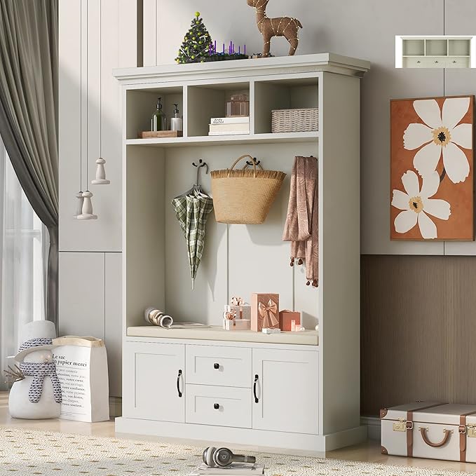 RUNNA Delicate 3-in-1 Hall Tree with 2 Cabinet and 2 Drawers,3 Open Shelves and 3 Hooks,Coat Hanger and Storage Bench,for Livingroom Hallway Entryway Use (Beige#H-)