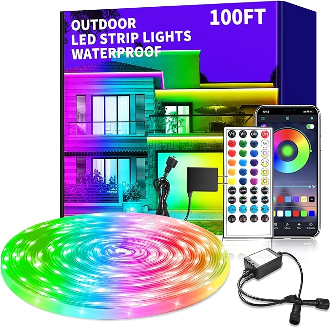 100ft Outdoor LED Strip Lights Waterproof with Remote/APP Control,Music Sync RGB Outdoor Led Rope Lights,Dimmable LED Rope Light for Bedroom Balcony roof Garden Staircase Parties