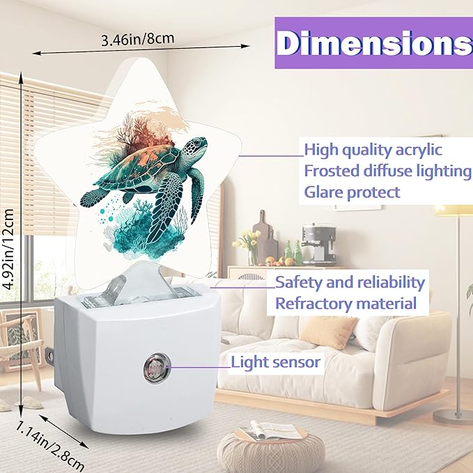 Night Lights Plug Into Wall Decorative,Sea Turtle Nightlights for Kids Bedroom, Green Coral Energy Efficient Dusk-to-Dawn Sensor Sleep Friendly Lamp for Nursery Bathroom