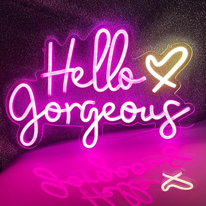 Hello Gorgeous Neon Sign Pink LED Neon Lights for Home Wedding Birthday Backdrop Bacelorette Party Wth Dimmable Switch(5V, 16.5"*11")