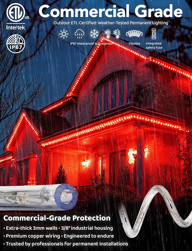 WYZworks 216LEDs, 20ft LED Outside Rope Lights, Waterproof Permanent Outdoor ETL Certified Connectable Clear Tube, Christmas Palm Tree Holiday Decorative Landscape Patio Accent Lighting - Red