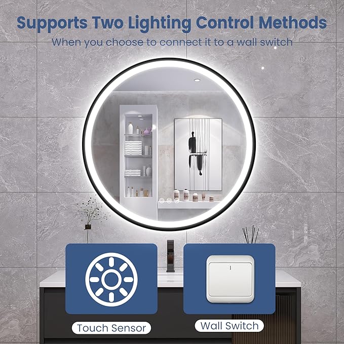 STARLEAD 24" Black Frameless Round LED Bathroom Mirror with Bluetooth Speaker, Dimmable Lighting, 3 Color Modes, Anti-Fog, Touch Control Wall Mounted Vanity Mirror