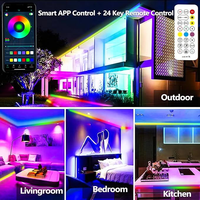 100FT Outdoor LED Strip Light Waterproof,IP68 Outside RGB+IC Light Strip with App/Remote Control,Chase Mode,Music Sync Rope Light for Balcony,Deck,Rooftop,Garden,Pool