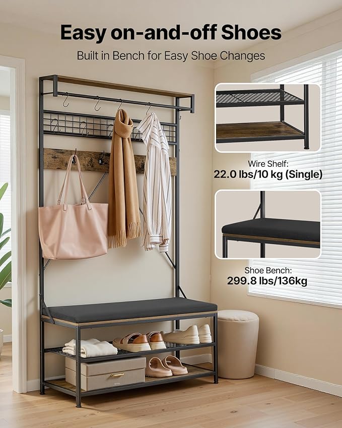 VEVOR Hall Tree with Bench and Shoe Storage, 2 Tier Entryway Bench with Coat Rack, Shoe Rack Storage Organizer with Soft Cushion, Hooks and Hanging Rod for Entryway, Hallway
