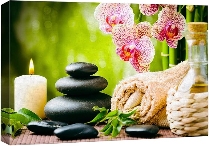 wall26 Canvas Print Wall Art Massage Stones Zen Pink Orchid Flower Plants Candles Nature Wilderness Photography Realism Rustic Landscape Colorful for Living Room, Bedroom, Bathroom, Office - 12"x18"